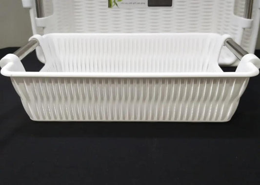 plastic baskets designed for kitchen organization, specifically for cutlery, bread, vegetables, and fruits.